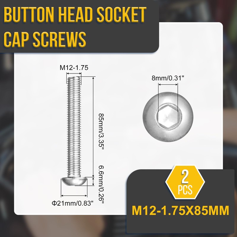 DTGN M12-1.75x85mm ボタンヘッドキャップボルト2パック ロードバイク マウンテンバイク 自動車 オートバイに最適 304ステンレススチール 白華処理仕上げ 六角ドライブファスナー