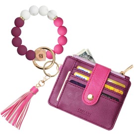 COOLANS Wristlet Bracelet Keychain Pocket Credit Card Holder Purse Tassel Keychain Bangle Key Ring for Women (Silicone Bead Bracelet+Card Purse (Pink&Purple))