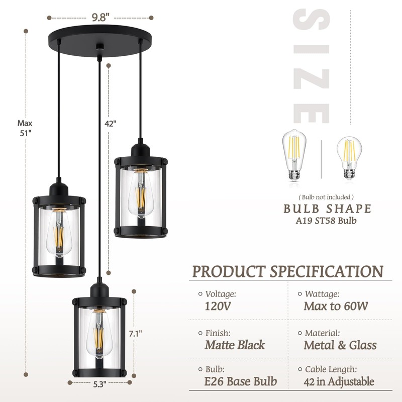 Osimir 3-Light Pendant Lighting, Black Dining Room Chandelier Light Fixture