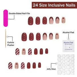 Christmas Press on Nails Medium Almond SWEKKE Red French Tip Fake Nails False Nails with Snowflake Cute Reindeer Glitter Designs Glossy Glue on Nails Xmas Acrylic Nails for Women Girls 24 Pcs
