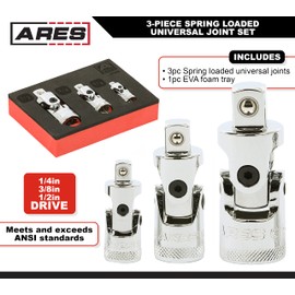 ARES 37000-3-Piece Spring Loaded Universal Joint Set – Spring Loaded Tension Keeps U-Joint In Position at Odd Angles - 1/4-Inch, 3/8-Inch, and 1/2-Inch Drive
