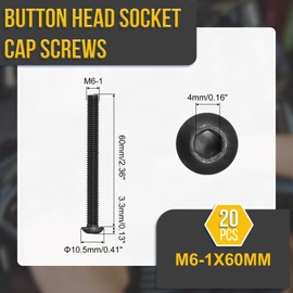 DTGN M6-1x60mm Button Head Socket Cap Screws - 20Pack - Good for Road Bicycle, Mountain Bike, Auto, Motorcycle - Carbon Steel Black Oxide - Hex Drive Fasteners