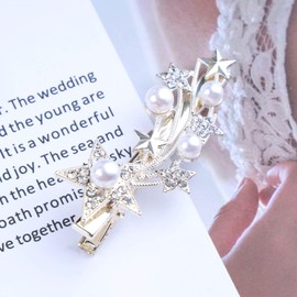 Inateannal Rhinestone Star Hair Clip Barrettes Pearl Wedding Hair Clip Gold CZ Crystal Cluster Star Head Clip Headwear Bridal Bobby Clip Headwear Accessories for Women and Girls