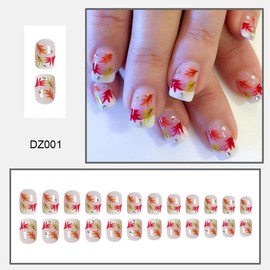 24 Pcs Fall Press on Nails Short Square French Tip Fake Nails with Maple Leaf Rhinestones Design Full Cover Thanksgiving Artificial False Nails Autumn Glossy Glue on Nails for Women Fall Nails Decor