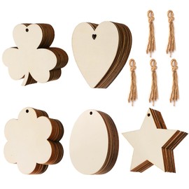 Tmflexe 50 Pcs Unfinished Paintable Blank Wooden Spring Festival Decoration Ornaments, Valetine's Day Easter St.Patrick Tree Hanging Wood Slices for Kids DIY Art Crafts, Hearts,Stars, Eggs, Flowers