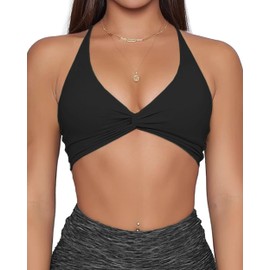 Danysu Backless Sports Bra Women's Buttery Soft Workout Tops with Removable Padded Yoga Training Bra Strappy Going Out Top, #2.twirl front black