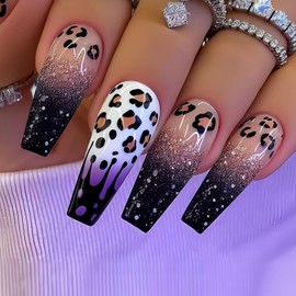 IMSOHOT Leopard Print Press on Nails Long Coffin Fake Nails Purple Gradient Acrylic Glossy False Nails Glitter Ballerina Glue on Nails Full Cover Stick on Nails for Women Girls 24Pcs
