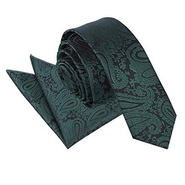 DQT Paisley Floral Patterned Wedding Skinny Neck Tie & Pocket Square Set for Men in Emerald Green