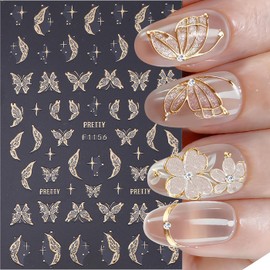 Fall Maple Leaves Nail Art Stickers for Thanksgiving, Gold Maple Leaves Nail Decals 3D Self-Adhesive with Flowers Butterfly Design 6Pcs French Tip Glitter Nail Art Supplies for Women Nail Decoration