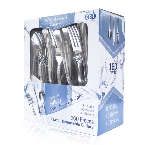 EDI [160 Piece] Silver Disposable Plastic Cutlery Set, Assorted - 80 Forks, 40 Knives, 40 Spoons | Extra Heavy-Weight