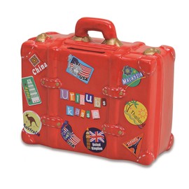 Money Box Holiday Fund Red in Suitcase Shape | Money Box Red Travel Suitcase with Key and Lock | Lockable Piggy Bank