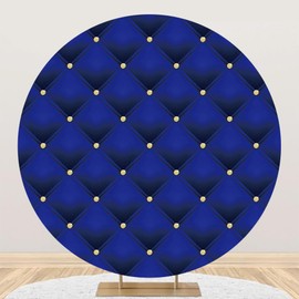 Renaiss 7.2x7.2ft Royal Blue Round Backdrop Cover Gold Diamonds Blue Tufted Checks Circle Photography Background Welcome Newborn Wedding Baby Shower Grad Birthday Party Decor Arch Photo Booth Props