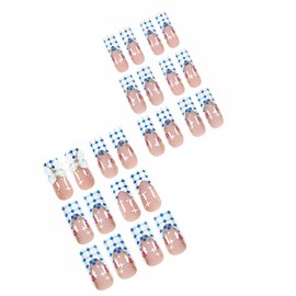 MERVF Long Press on Nails Square Fake Nails White Cheackered French Tip Glue ons Nail 3D Bow Design Squoval Acrylic Cute Summer Art Manicure Glossy 24pcs