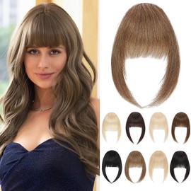 Clip-In Real Hair 100% Remy Hair Curved Bangs with Temples - Clip-In Bangs Hairpieces Real Hair for Women 14 g #6 Light Brown