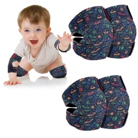 2 Pairs Baby Knee Pads for Crawling Adjustable Knee Pads Toddler Crawler Knee Protector for Infant Girl Boy Crawling (Navy Spaceships)