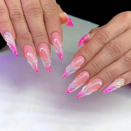 24Pcs French Tip Press on Nails Long Almond Nails Pink Fake Nails with 3D Water Drop Designs Gradient False Nails Glue on Nails Nude Acrylic Nails Press on Full Cover Glossy Stick on Nails for Women