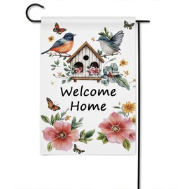 Gkyygk Welcome Home Bird House Flower Butterfly Welcome Banners Garden Flag Double Sided 12x18 Inches Farmhouse Holiday Outside Decorations Burlap Yard Flag