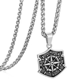 Crafted Compass Coin Necklace with Wheat Chain for Men, Mens Necklace with Compass Pendant Perfect for Travelers and Adventurers, 18 inch (18, Antique silver-Shield-Wheat Chain)