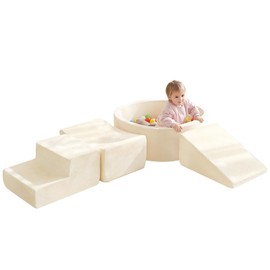 Tiita Climbing Toys with Ball Pit for Toddlers, 4-Piece Kids Foam Climbing Blocks for Baby 1-3, Activity Soft Climb and Crawl Playset Indoor Playground, Beige (Balls not Included)