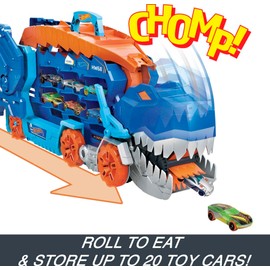 Hot Wheels City Ultimate Hauler, Transforms into Stomping T-Rex with Race Track, Lights and Sounds, Toy Storage for 20+ 1:64 Scale Cars