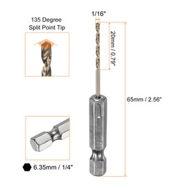sourcing map 5pcs 1/4" Hex Shank Drill Bit 1/16" Gold Oxide M35 High Speed Steel Twist Drill Bit 135 Degree Split Point Tip Drilling Tool with Quick Change Hex Shank for Metal Wood Plastic