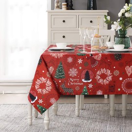 LinTimes Christmas Tablecloth Wipe Clean Spill-Proof Table Cloth Xmas Tree Fun Print Tablecloth Snowflake and Reindeer Xmas Table Cover for Birthday Party, 52 x 79 Inches, Rectangular