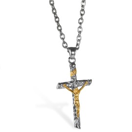 OIDEA Men's Jesus Cross Necklace: Jesus Crucifix Pendant with Wheat Chain Christian Cross Chain Biker Venetian Chain Religious Jewellery Gift for Men Father Friend, Stainless Steel, No Gemstone