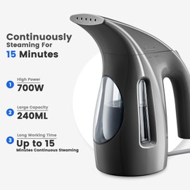 HiLIFE Steamer for Clothes, Portable Handheld Design, 240ml Big Capacity, 700W, Strong Penetrating Steam, Removes Wrinkle, for Home, Office(ONLY FOR 120V)-Black