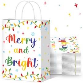 Kolldenn 16 Pcs Merry Christmas Gift Bags with Handle Bright Colorful String Lights Party Favor Christmas Goodie Candy Treat Wrapping Bag for Holiday Birthday Party 5.9 x 8.3 x 3.1 Inch