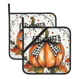 Juego de 2 soportes para macetas de calabaza de otoño con lunares naranjas, diseño decorativo de hojas de arce, resistente al calor, forro de algodón, almohadillas para orejas calientes para cocina