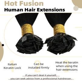 Ugeat Flat Tip Hair Extensions Real Human Hair Black K Tip Hair Extensions Human Hair Jet Black Remy Flat Human Hair Extensions for Women 14inch 50G 50S