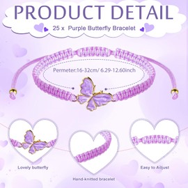 Wenqik 25 Pcs Quinceanera Butterfly Bracelet Adjustable Strings Cute Butterfly Charms for Woven Bracelets Accessories Quinceanera Party Favors(Purple)