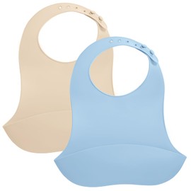 Mombella Silicone Bibs For Babies 6-12 Months, Set of 2 Waterproof Adjustable Baby Bibs For Eating, Flexible Toddler Bibs With Food Catcher For Boys Girls, Washable Baby Feeding Esentails, Blue+Brown
