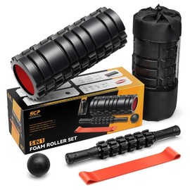 5 in1 Foam Roller Set, Trigger Point Foam Rollers, Massage Roller Stick, Massage Ball, Resistance Band for Deep Muscle Massage Pilates Yoga,Fitness Exercise for Whole Body - Color: Black