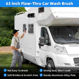 63'' Flow-Thru Car Wash Brush with Long Handle, Complete Soft Bristles Car Washing Brush Mop Kit, with Car Brush Head Cover, Wash Mitt, Towel, Wheel Tire Brush for Car, Truck, RV, House, Boat Cleaning