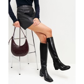 Black Knee High Boots for Women Stacked Leather Boots Square Toe Tall Boots Chunky Block Heeled Long Boots Stacked Zipper Wide Calf Boots