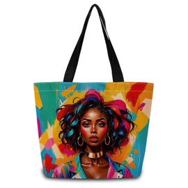 ZhuVantrix African American Tote Bag Reusable Grocery Bags Aesthetic Shopping Shoulder Handbag with Interior Zipper Pocket Stylish Pop Art Colorful Lady Present for Women