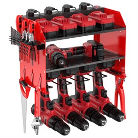 MAVIKS Heavy Duty Drill Holder & Power Tool Organizer Wall Mount, Metal Cordless Tool Organizer for Cordless Drill, Accessory Holder Rack (3L4D WITH CHARGING STATION (RED), With Charging Station)