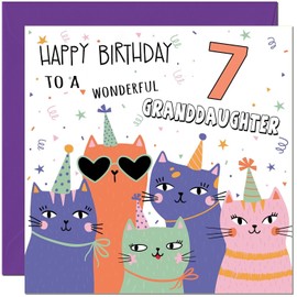 7th Granddaughter Birthday Card - Childrens Cute Cat Grandaughters Birthday Card for 7 Year old Kids seven, seventh