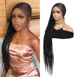 Kalyss Cornrow Braided Wigs for Black Women Cornrow Box Braid Wig Lemonade Full Lace Braided Wig with Baby Hair Natural Black Braided Wigs for Daily Wear, 36 inches 360°HD Full Lace
