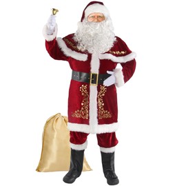 Boveco Christmas Santa Claus Costume for Men Adult 12pcs Santa Suit Deluxe Professional Velvet Outfit for Xmas Holiday Party Cosplay XL