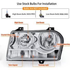Sagnod Auto Headlights Compatible with 2005-2010 Chrysler 300 Halogen Driver Side And Passenger Side Chrome Housing Clear Reflector