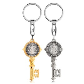 OEMOO Saint Benedict Medal Keychain, St Benedict Jubilee Medal Key Shaped Pendant Key Chain, Cross Protection Keychain, 2pcs-gold, 2