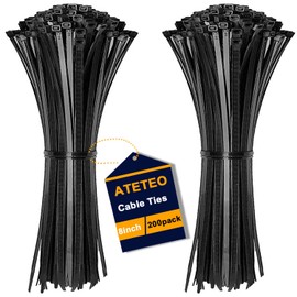 ATETEO Black Cable Ties, 200mm x 3.6mm, Pack of 200, 8" Premium Nylon Zip Ties, Multi-Purpose Plastic Tie Wraps, Secure Self-Locking Mechanism, for Home, Garden, Office and DIY