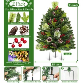 2 Pack 33" Outdoor Christmas Tree Urn Fillers with 50 Warm&Colorful Change Lights 8 Modes Timer 230 Branches Pinecones Red Berries Tripod Stakes Battery Operated Yard Porch Pathway Planter Xmas Decor