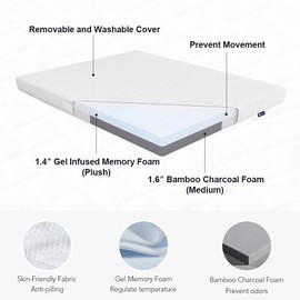 Avenco 3 Inch Twin Memory Foam Mattress Topper, Cooling Gel Foam Bed Topper with Removable Cover for Twin Size Bed, CertiPUR-US Certified
