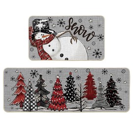 Artoid Mode Grey Snowman Xmas Tree Snowflake Let It Snow Christmas Kitchen Mats Set of 2, Winter Home Decor Low-Profile Kitchen Rugs for Floor - 17x29 and 17x47 Inch