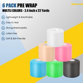 Pre Wrap Athletic Tape 6 Pack, 2.4 Inch x 22 Yards Foam Underwrap Bandage, Foam Underwrap Sports Tape for Ankle Wrist Knee Elbow Hair Soccer, Black