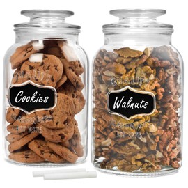 Estilo Round Glass Canister Jars with Airtight Lids Ideal for Cookies, Candies, Cereal - Cookie Jar - Includes Chalkboard Labels and Chalk - 1/2 Gallon (Set of 2), Clear