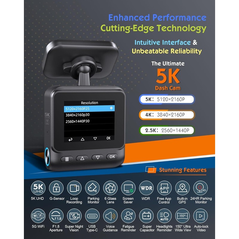 Sarmert C1 5K Dash Cam, Built-in GPS 5G WiFi, 5K/4K/2.5K
